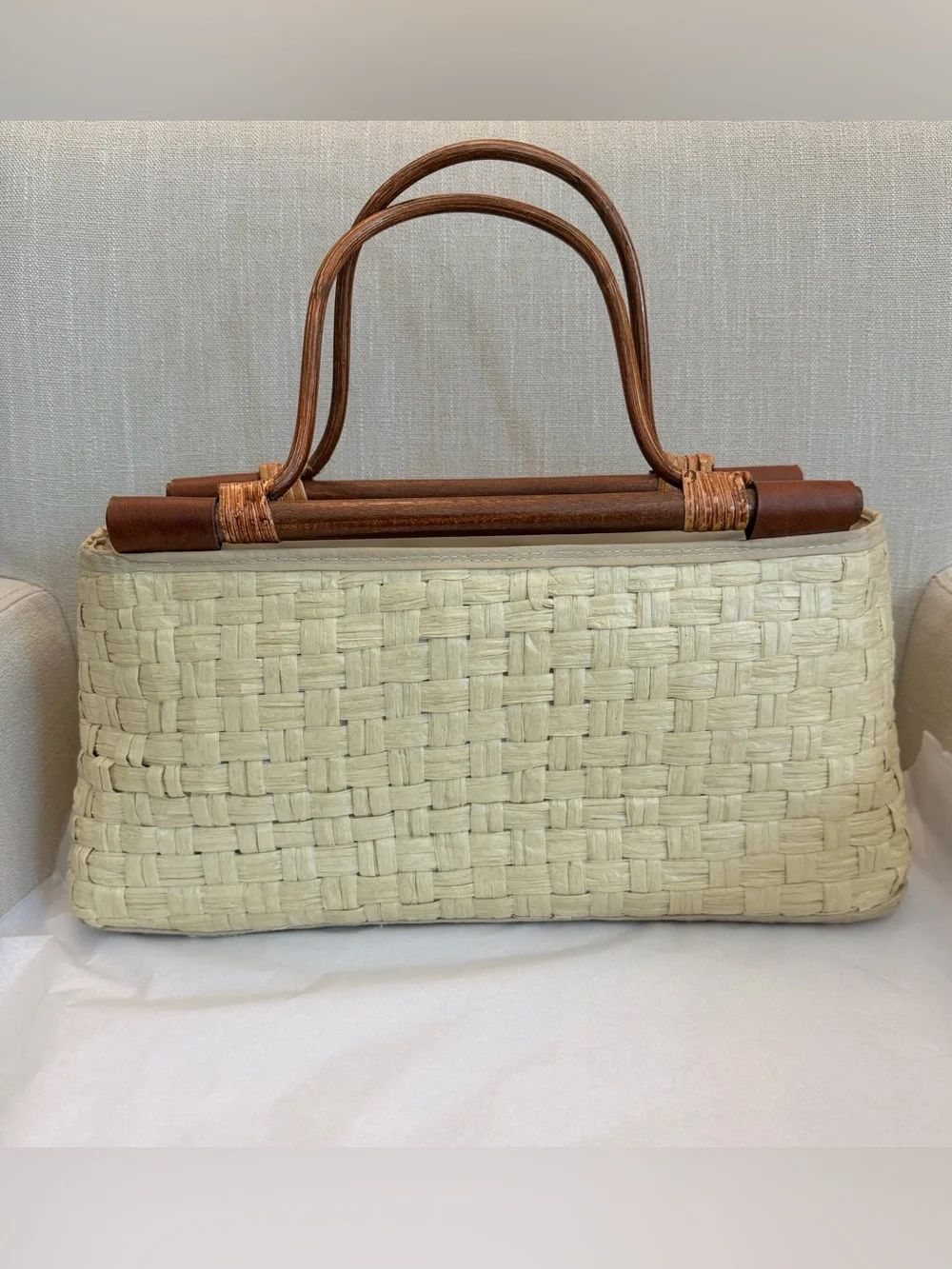 Jessica McClintock Vintage Woven Straw Bamboo Handle Handbag Coastal Summer Bag